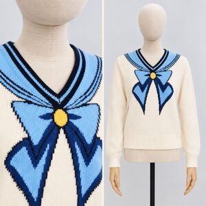 Cream Blue Sailor Bow Sweater Size Small
